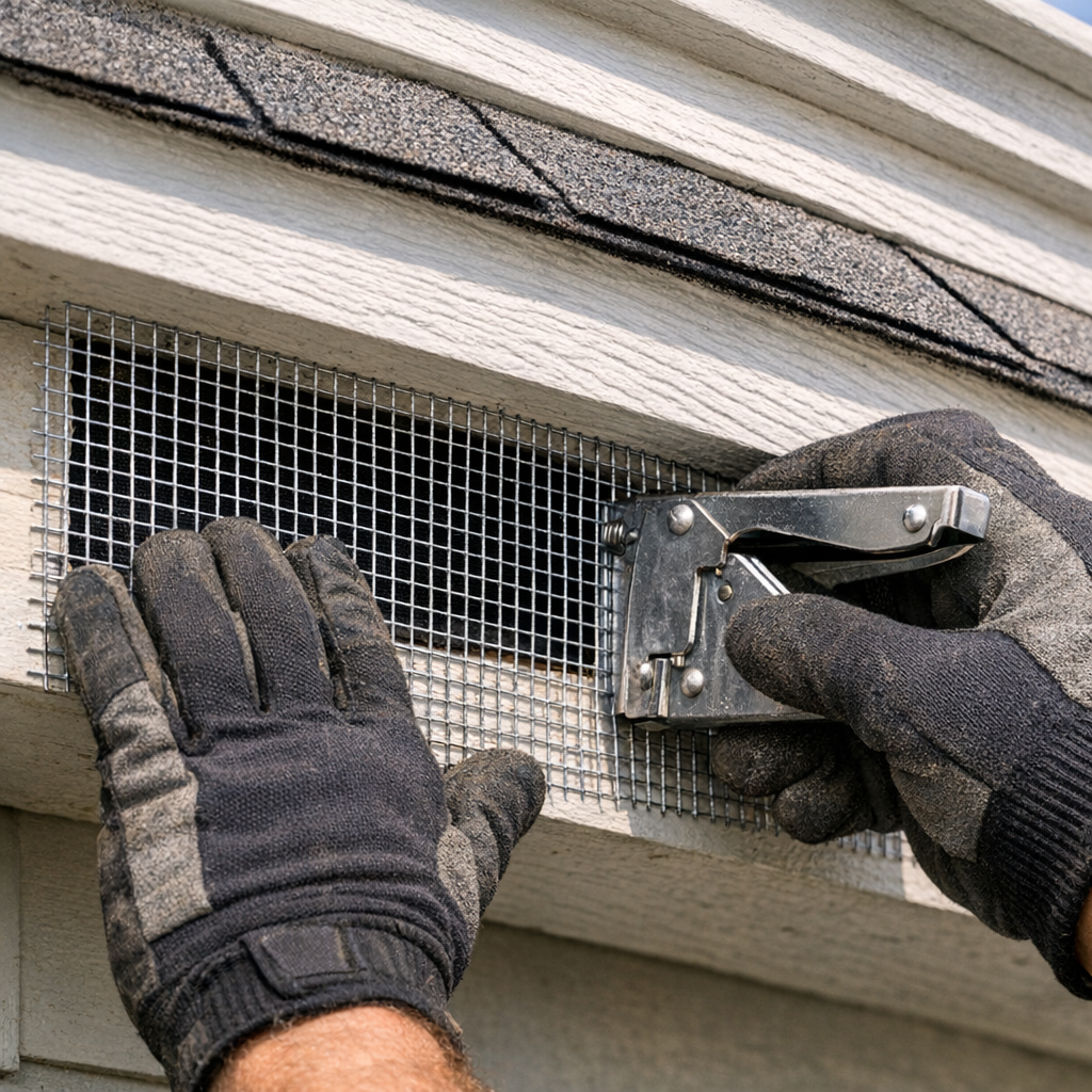 Professional exclusion repair work sealing a roofline vent with steel mesh