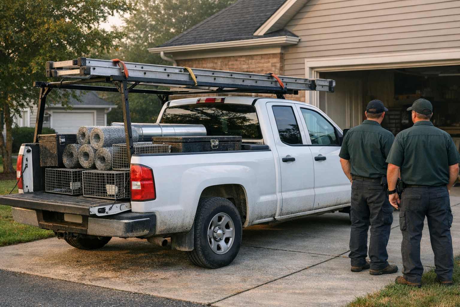 Wildlife Ridders technicians with their service truck in a Louisville driveway